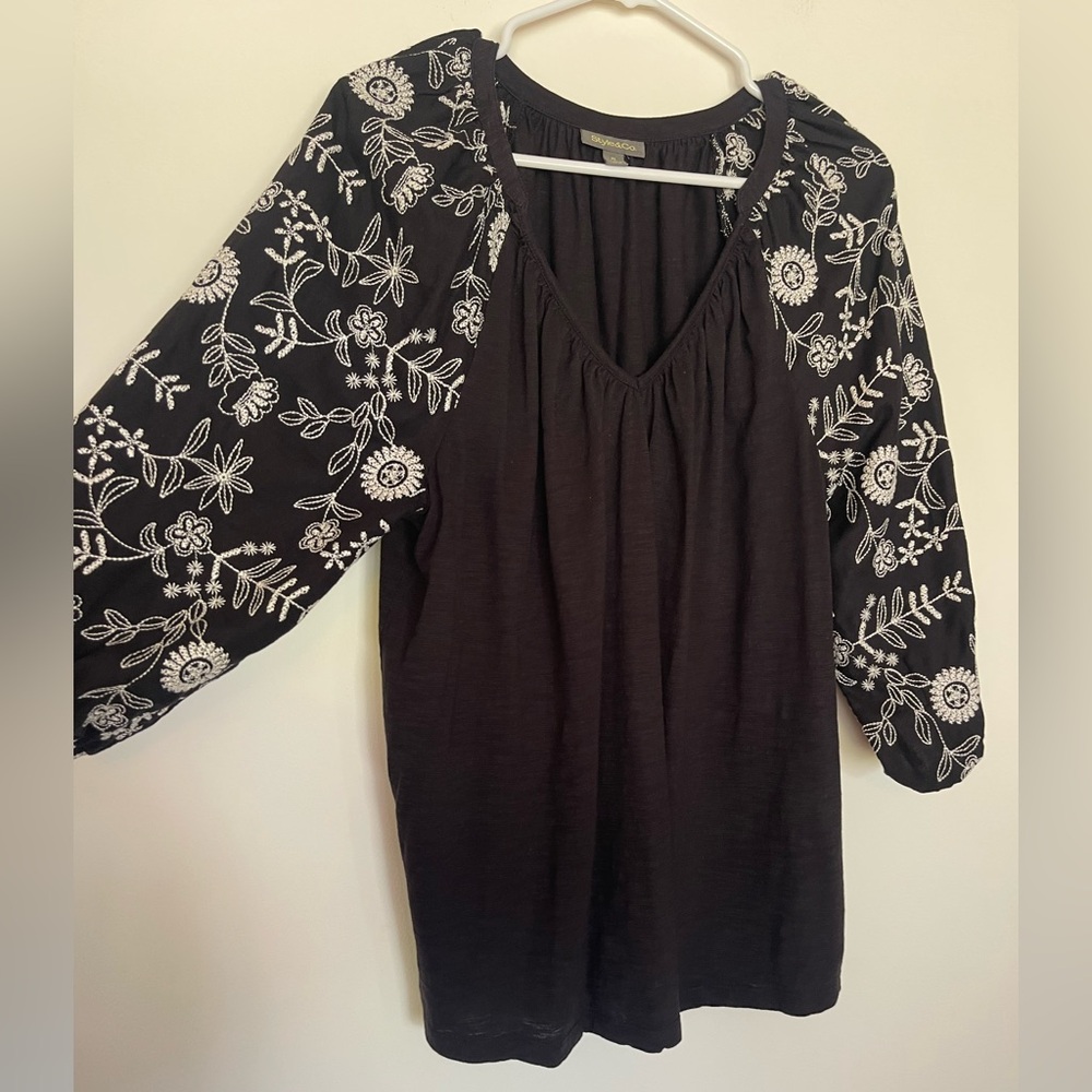 Style & Co. Black Peasant Top with‎ White Floral Embroidered 3/4 Sleeves XL